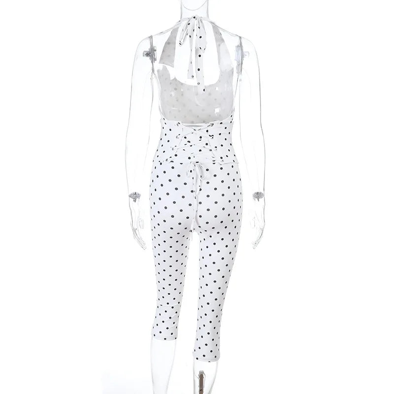 Black Polka Dot Halter Backless Cropped Jumpsuit Waist Corset Belt Back Lace Up Bodycon Slim Fit Casual Sexy 2026 Trend