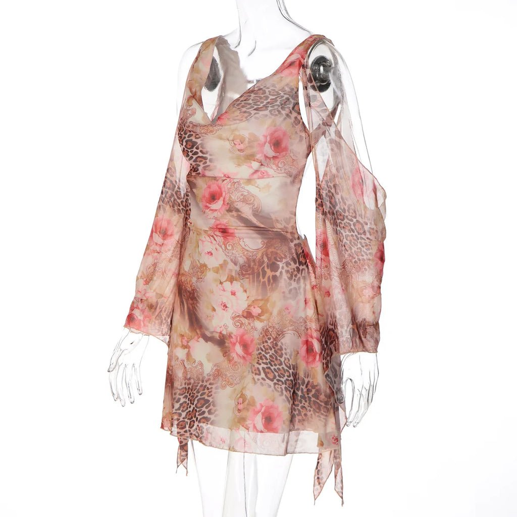 Liora Leopard Floral-Mesh Long-Sleeve Mini Dress