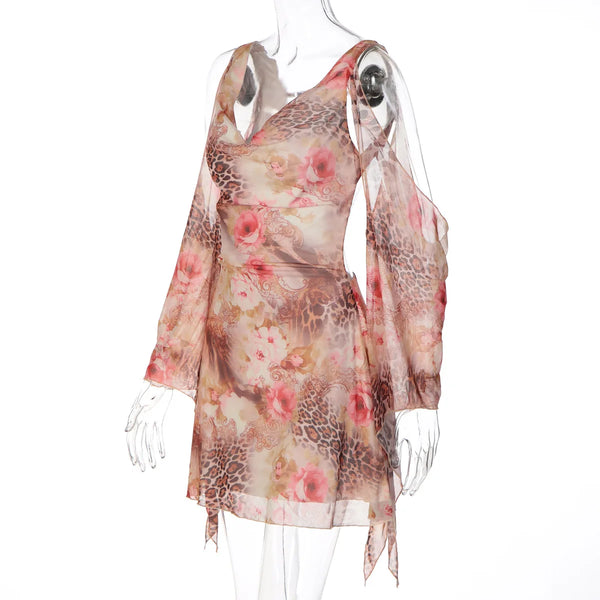 Liora Leopard Floral-Mesh Long-Sleeve Mini Dress