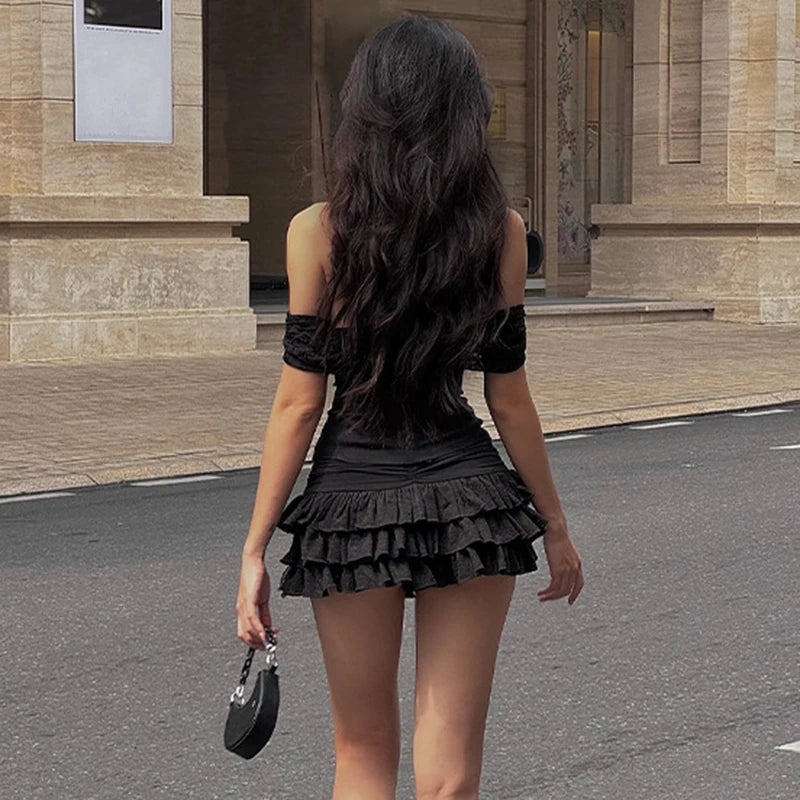 Mehitabel Off-Shoulder Tube Crop Top & Tiered Lace Mini Skirt Two-piece