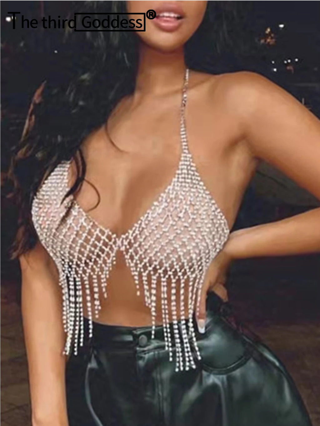 Sexy see through rhinestone crop top women summer street wear halter tank top 2026 club party tops hotwife rave festival outfit