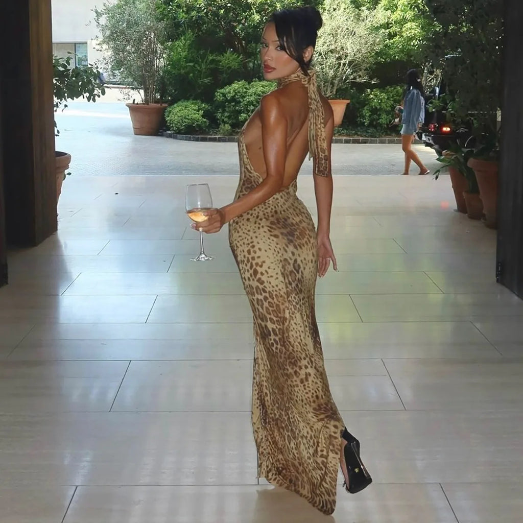Leopoldine Leopard Print Halter Backless Bodycon Maxi Dress