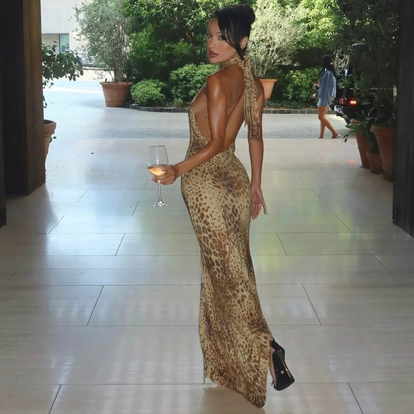 Leopoldine Leopard Print Halter Backless Bodycon Maxi Dress