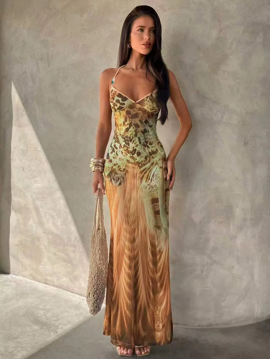 Rosamond Abstract Print V-Neck Cami Bodycon Maxi Dress