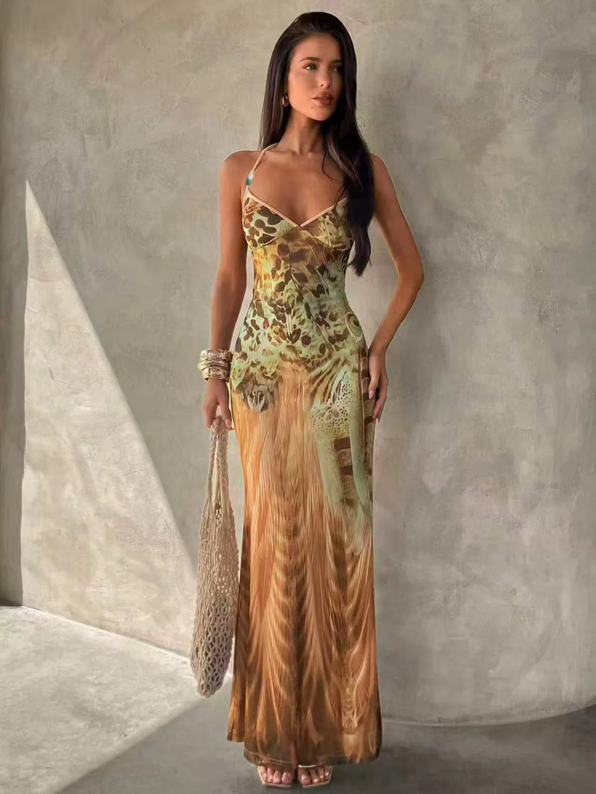 Rosamond Abstract Print V-Neck Cami Bodycon Maxi Dress Main image
