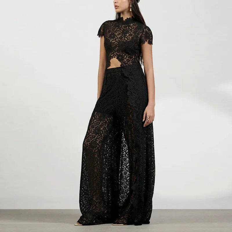 Fiora Sheer Floral-Lace Wide-Leg Pants Set Two-piece