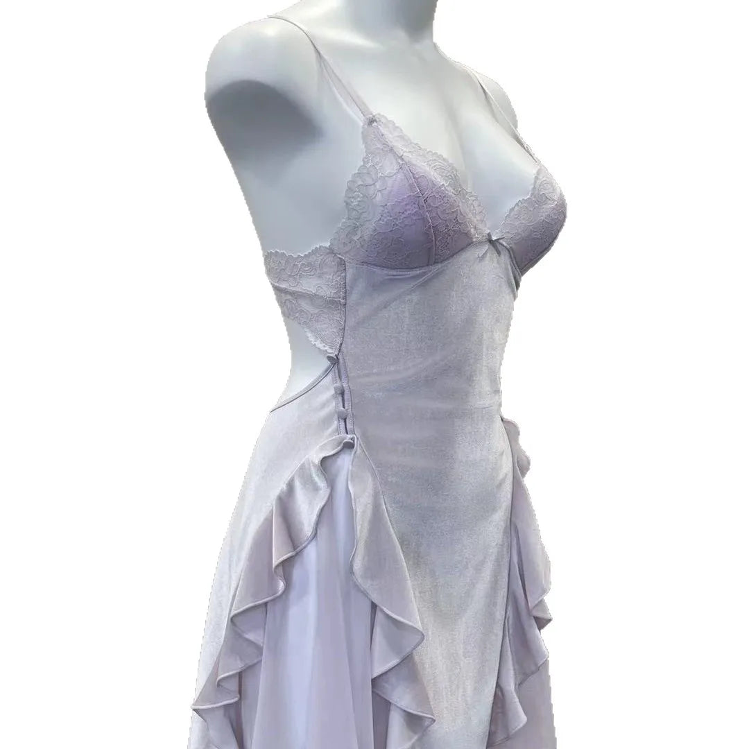 Noelle Lace-Trim Velvet Ruffle Backless Mini Nightgown