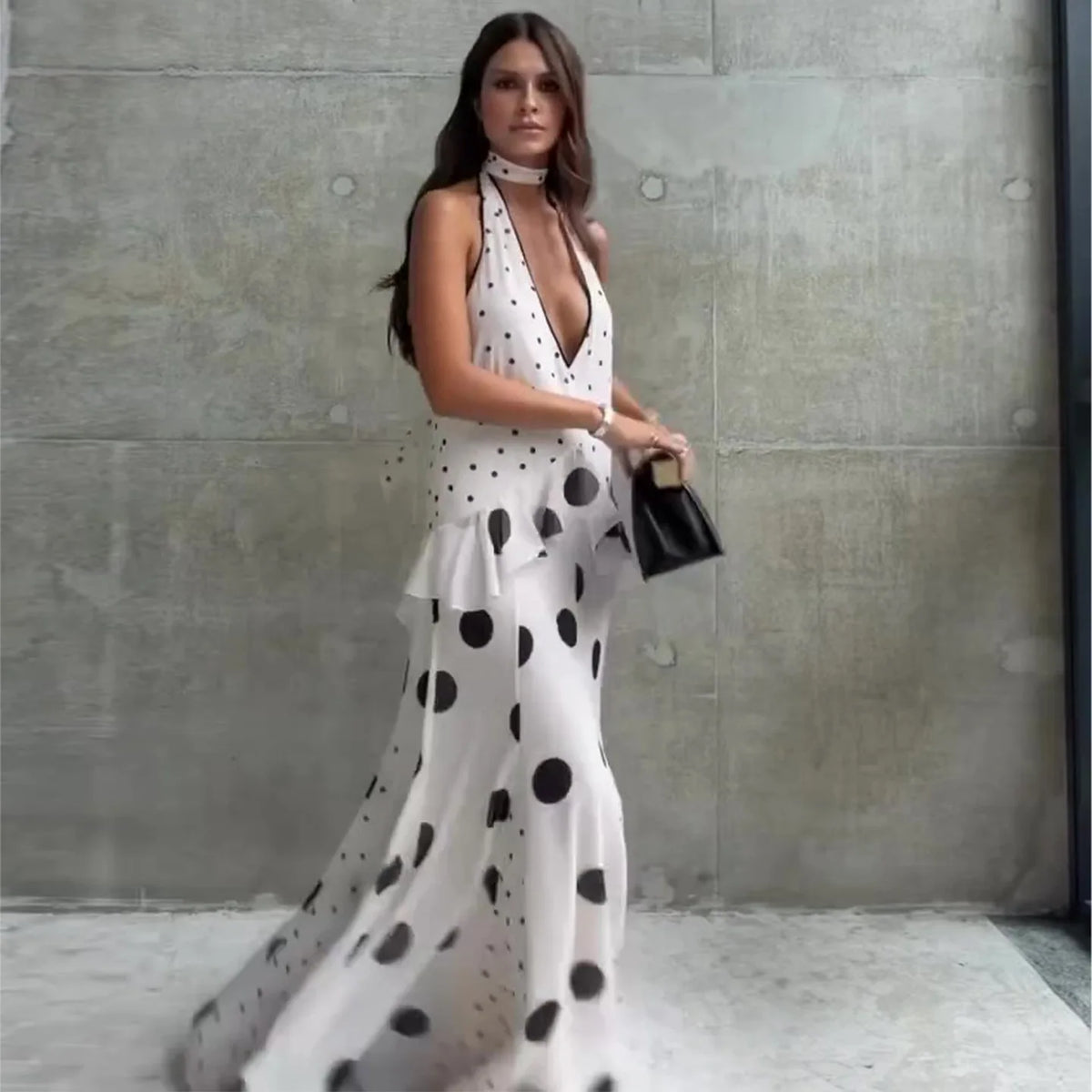 Cambria Polka-Dot Flowy Halter Maxi Dress
