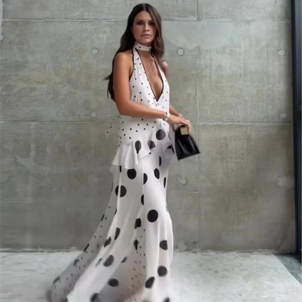 Cambria Polka-Dot Flowy Halter Maxi Dress