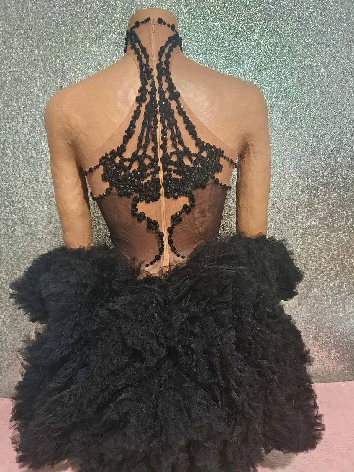 Raffaella Beaded Rhinestone Illusion Halter Tulle Mini Dress