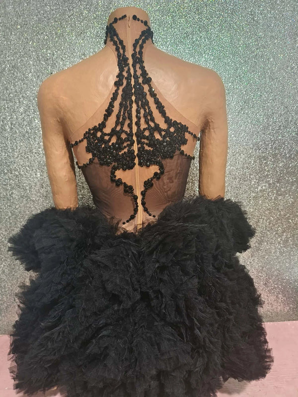 Raffaella Beaded Rhinestone Illusion Halter Tulle Mini Dress