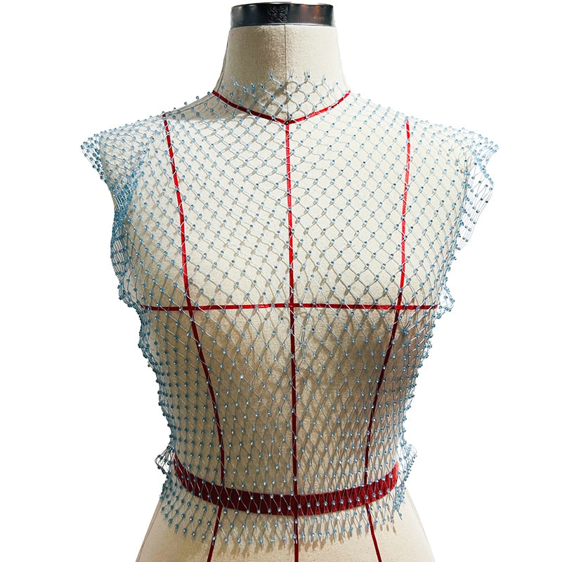 Leqoel Sexy Mesh Crop Tops for Women 2022 Summer Rhinestones Fashion Party See Through Fishnet Tank Hollow Out Backless Top New