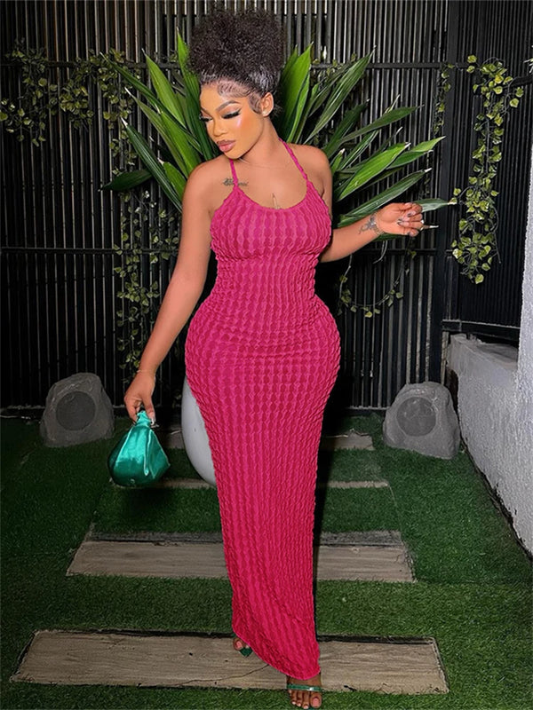 Magdalena Textured Halter Backless Bodycon Maxi Dress