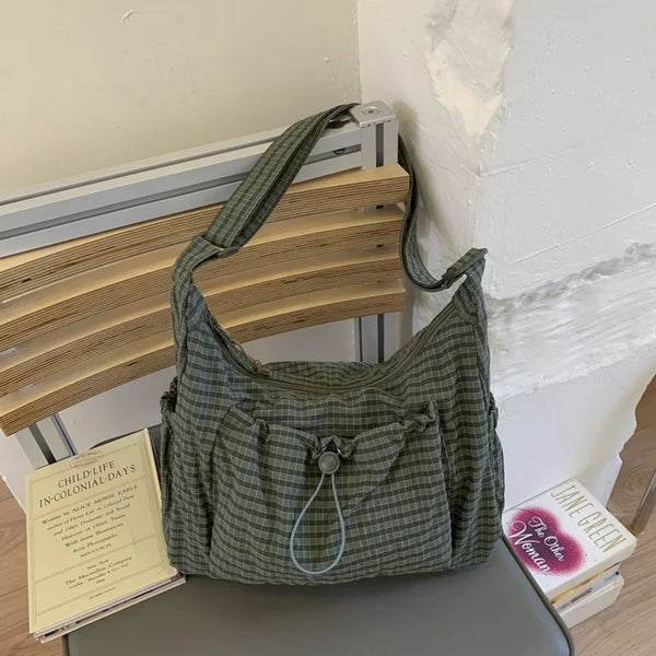 Korean Nylon Shoulder Bags Fashion Simple Plaid Zipper Tote Drawstring Pleated Cloud Bags New Commuter Crossbody Shoulder Bag