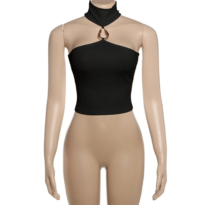 Metal Buckle Decoration Tank Tops Women Turtleneck Off Shoulder Skinny Stretch Street Fashion Wild Style Solid Outfits