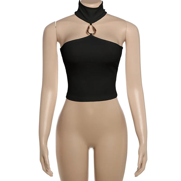Metal Buckle Decoration Tank Tops Women Turtleneck Off Shoulder Skinny Stretch Street Fashion Wild Style Solid Outfits