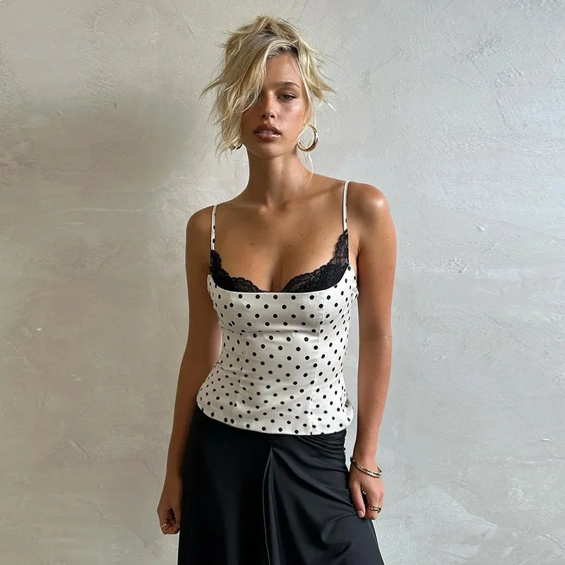 Dotty Polka-Dot Lace-Trim Cami Crop Top One-piece
