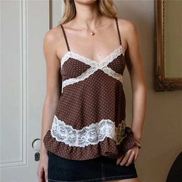 hirigin Polka Dot Lace Trim Camisole For Women V Neck Spaghetti Strap Ruffle Hem Sleeveless Top Retro Coquette Aesthetic Blouse