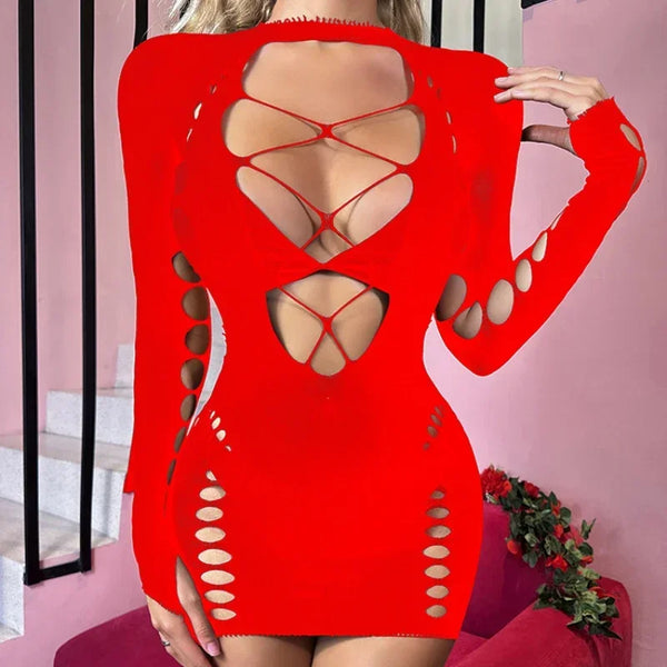 Veronique Long-Sleeve Lace-Up Cutout Fishnet Bodycon Lingerie Mini Dress