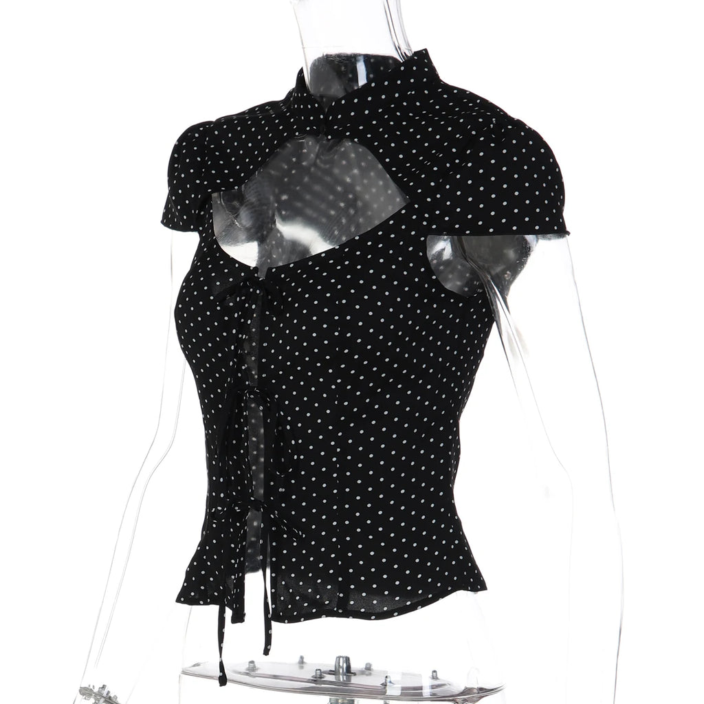 Dulzura Women'S Sexy Hollow Out Short Sleeve Lace Up Polka Dot T-Shirt Vintage Casual Y2K Top Party Club Street Summer Clothes