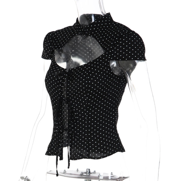 Dulzura Women'S Sexy Hollow Out Short Sleeve Lace Up Polka Dot T-Shirt Vintage Casual Y2K Top Party Club Street Summer Clothes
