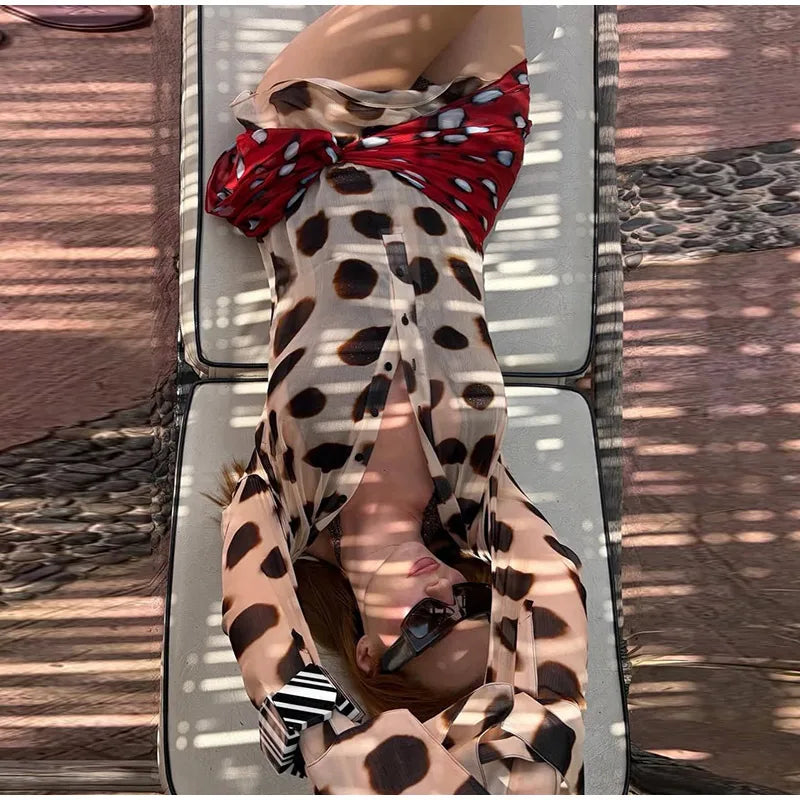 Fashion Printed Detachable Scarf Shirt Dress Women Flare Sleeve Single Breasted Mini Dresses 2026 Summer New Lady Vacation Wear