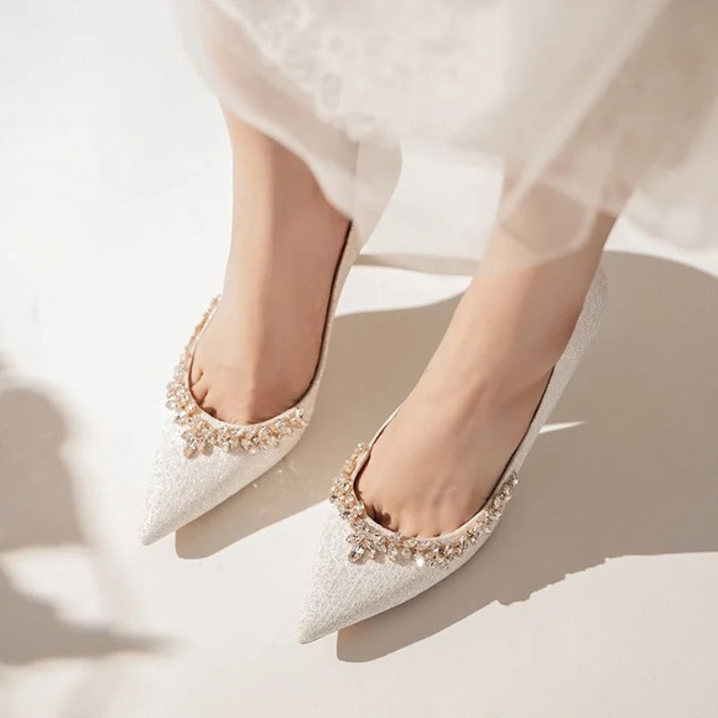 2025 New French Stiletto Heels Pointy Head Shallow Mouth Shoes Rhinodiamond-Edged Korean Version White Crystal Wedding Pumps