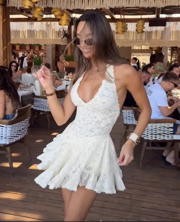 Florentyna Lace Halter V-Neck Backless Flared Mini Dress