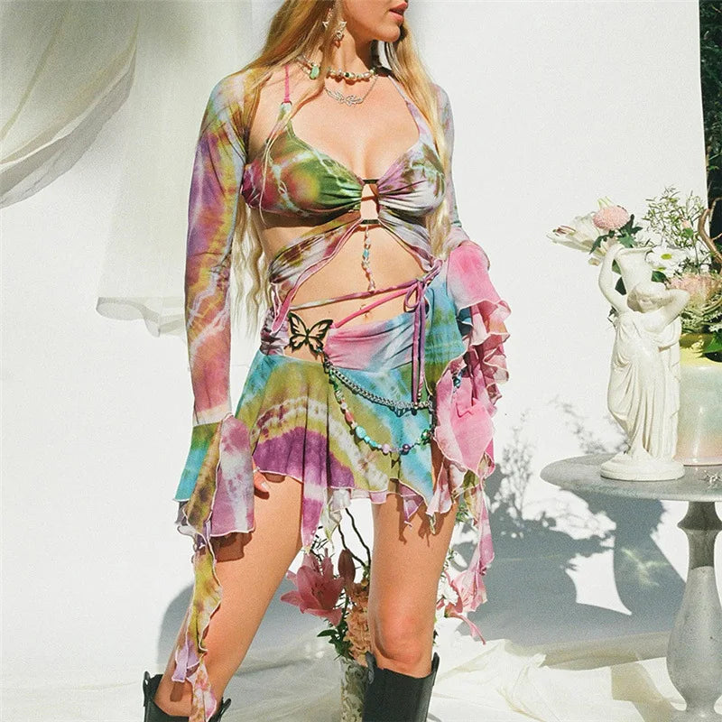 Gwynedd Y2K Ruffle Tie-Dye Crop Top & Wrap Mini Skirt Set