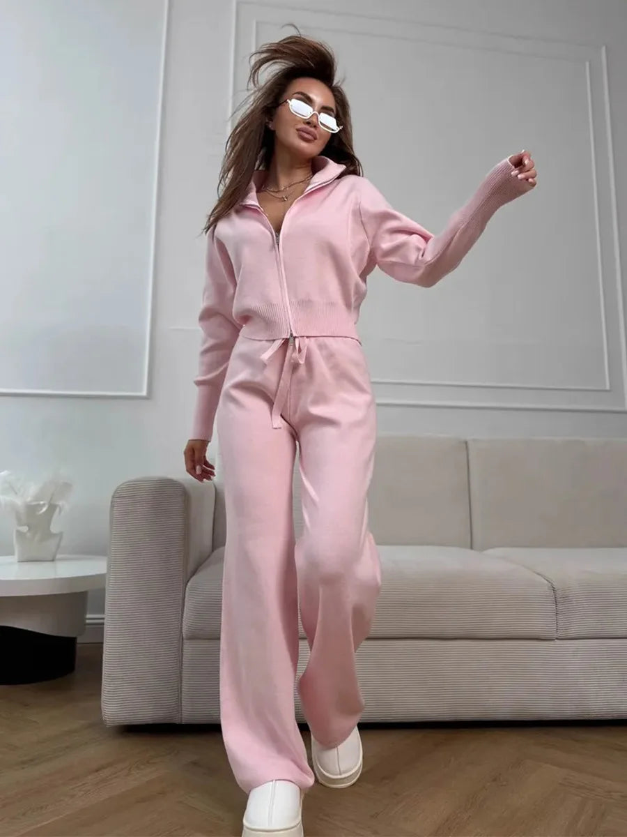 Sigourney Knit Zip-Up Cropped Cardigan & Wide-Leg Pants Two-Piece Set