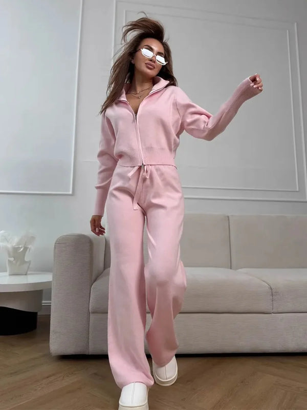 Sigourney Knit Zip-Up Cropped Cardigan & Wide-Leg Pants Two-Piece Set
