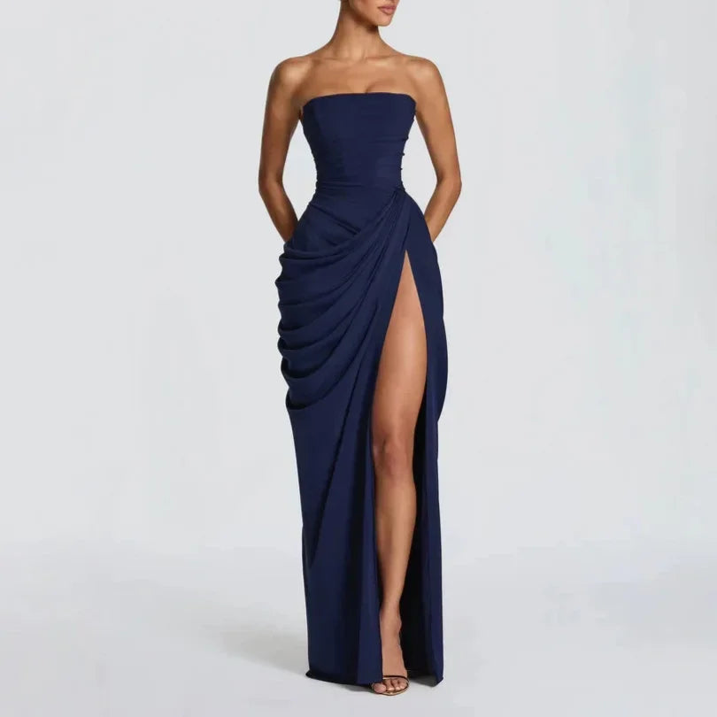 Elise Strapless Pleated Slit Maxi Dress
