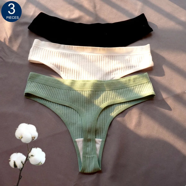 Mirelle Ribbed Cotton Thong Pack Lingerie 3-piece