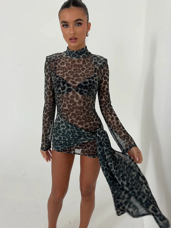 Mireille Sheer Leopard Long-Sleeve Mini Dress