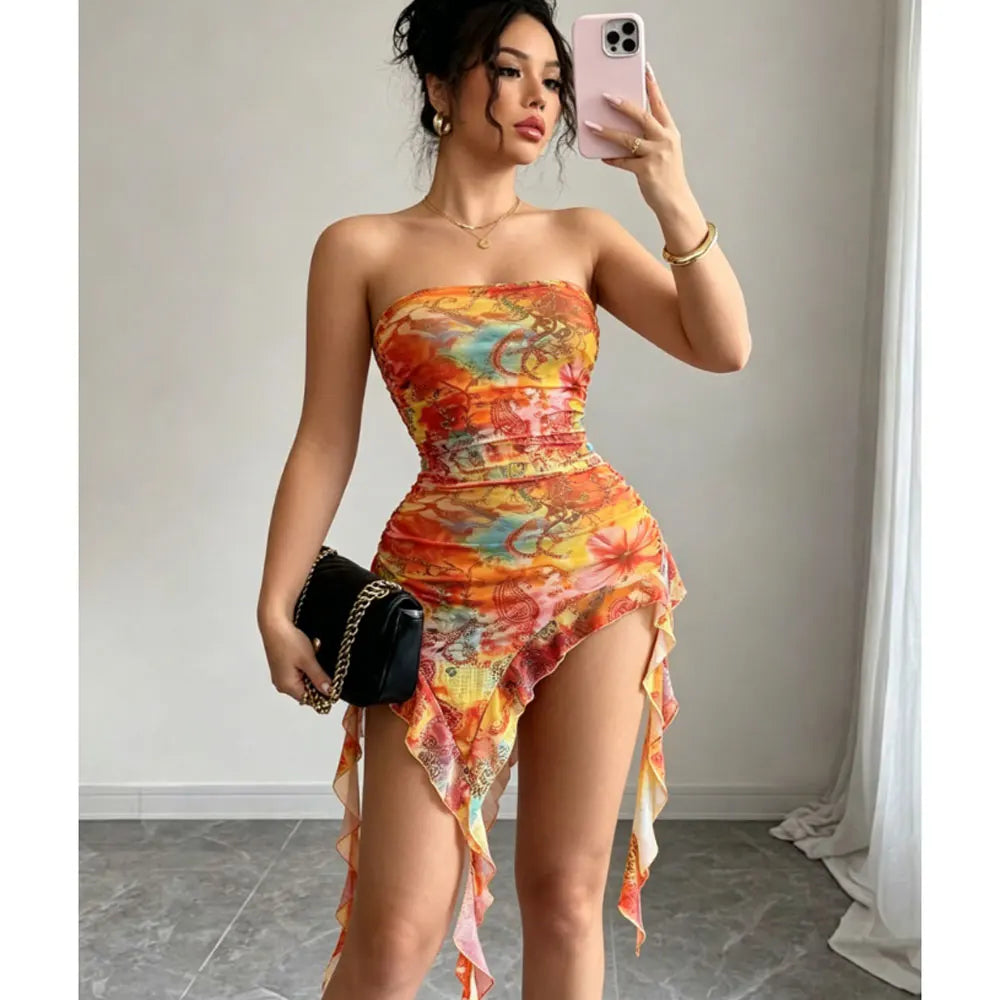 New Summer Sexy Dresses for Women Sleeveless Stapless Women Dress Asymmetrical Print Dress Women Vestidos De Verano Mujer Main image