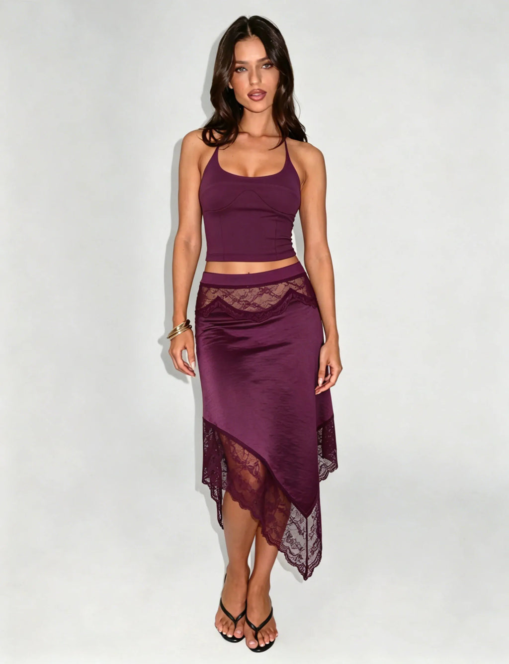 Violetta Lace Satin Asymmetrical Midi Skirt Set Two-piece