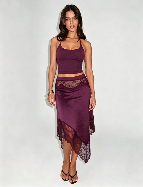 Violetta Lace Satin Asymmetrical Midi Skirt Set Two-piece