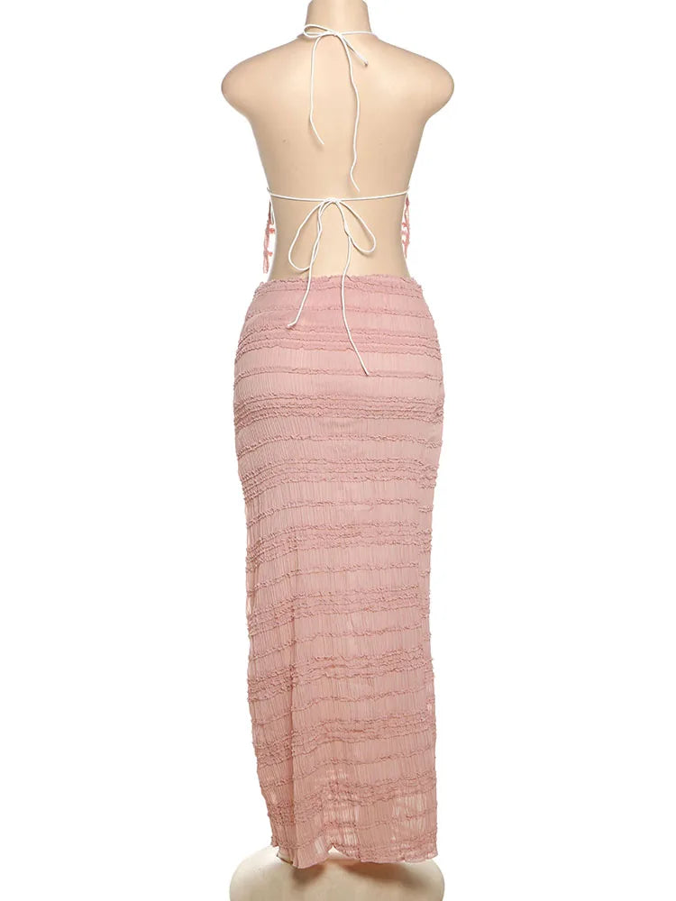 Oksana Sheer Crinkle Mesh Halter Lace-Up Crop Top & Maxi Skirt Two-piece