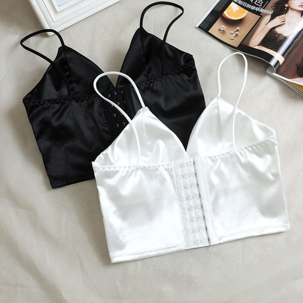 Silk Cami Tank Tops Women'S Camisole Spaghetti Strap Women V Neck White Black Sleeveless Streetwear High Street With Chest Pad