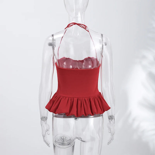Perpetua Red Halter-Tie Sweetheart Peplum Top One-piece