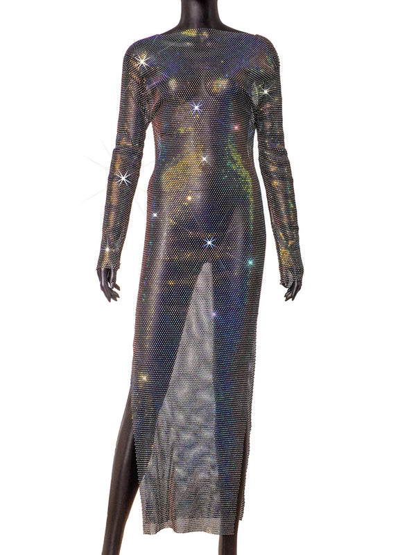 Petra Rhinestone Fishnet Sheer Maxi Dress