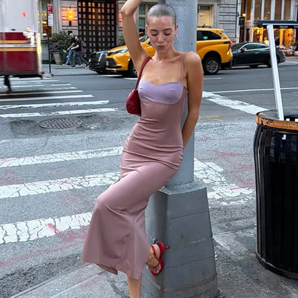 Lavendra Contrast Bust Cami Backless Bodycon Maxi Dress
