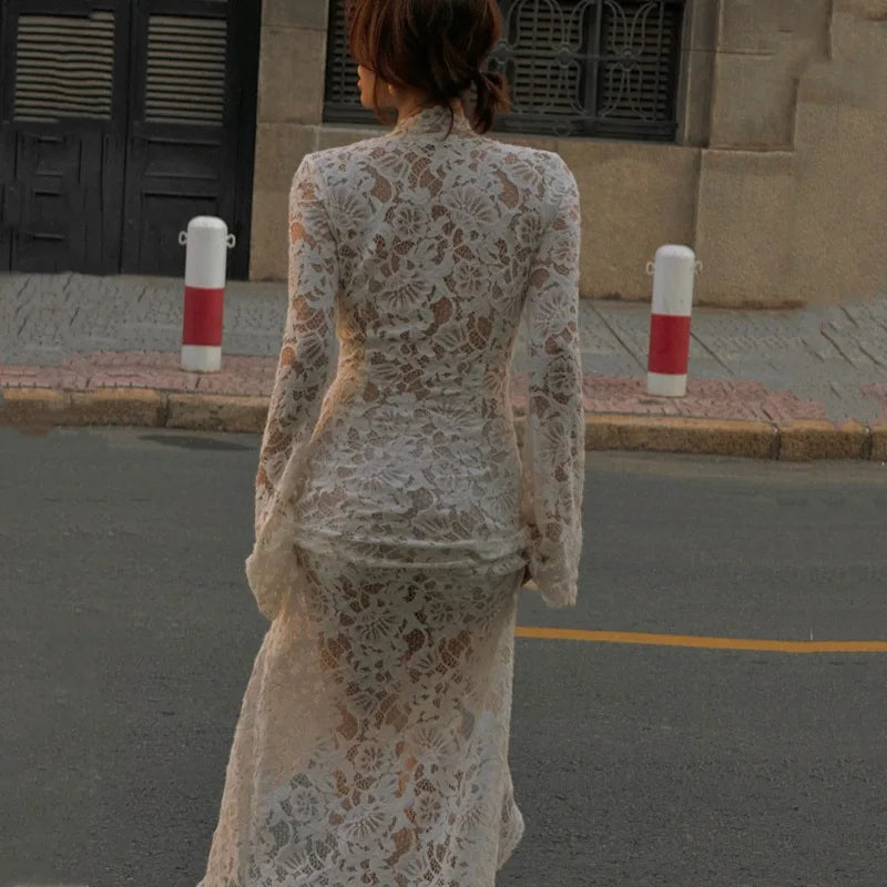 Isolde Sheer Lace-Up Long-Sleeve Maxi Dress