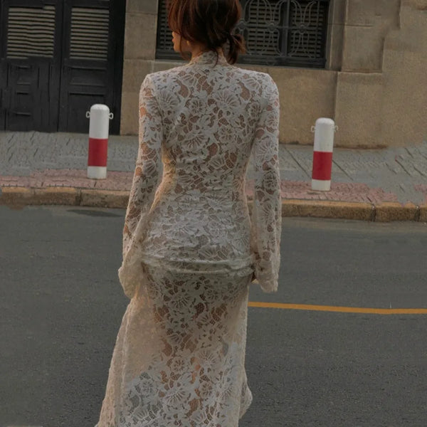 Isolde Sheer Lace-Up Long-Sleeve Maxi Dress