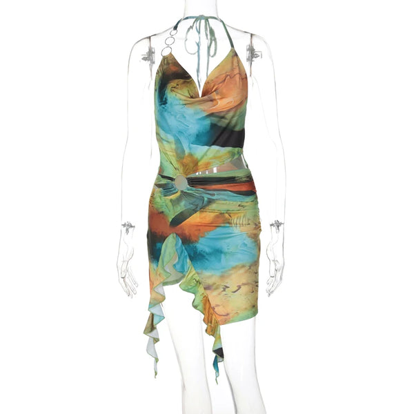 Eliana Scenery-Print Halter Ruffle Mini Dress