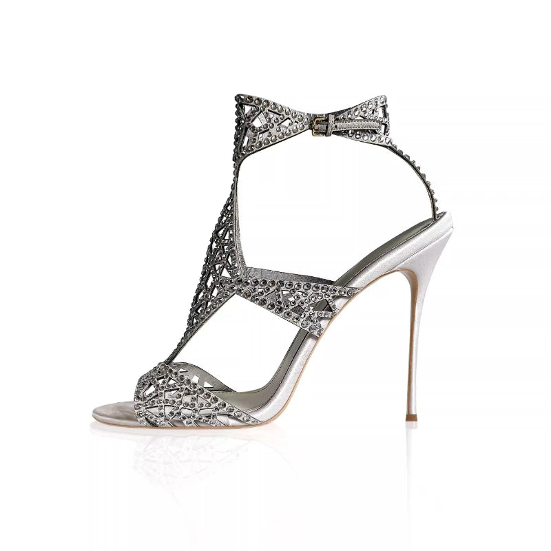 Fish-mouth high heels with rhinestones, 2026 spring new style, hollowed-out diamond pattern, open-toe,sexy sandals,wedding shoes