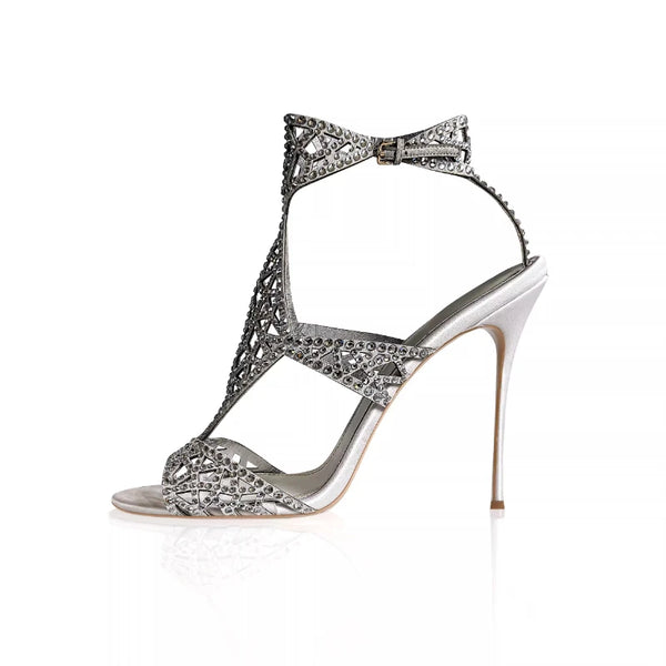 Fish-mouth high heels with rhinestones, 2026 spring new style, hollowed-out diamond pattern, open-toe,sexy sandals,wedding shoes