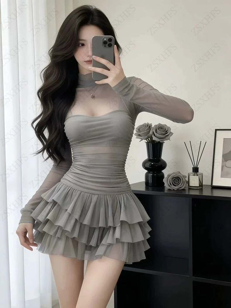 Blanka Sheer Long-Sleeve Tiered Ruffle Mini Dress