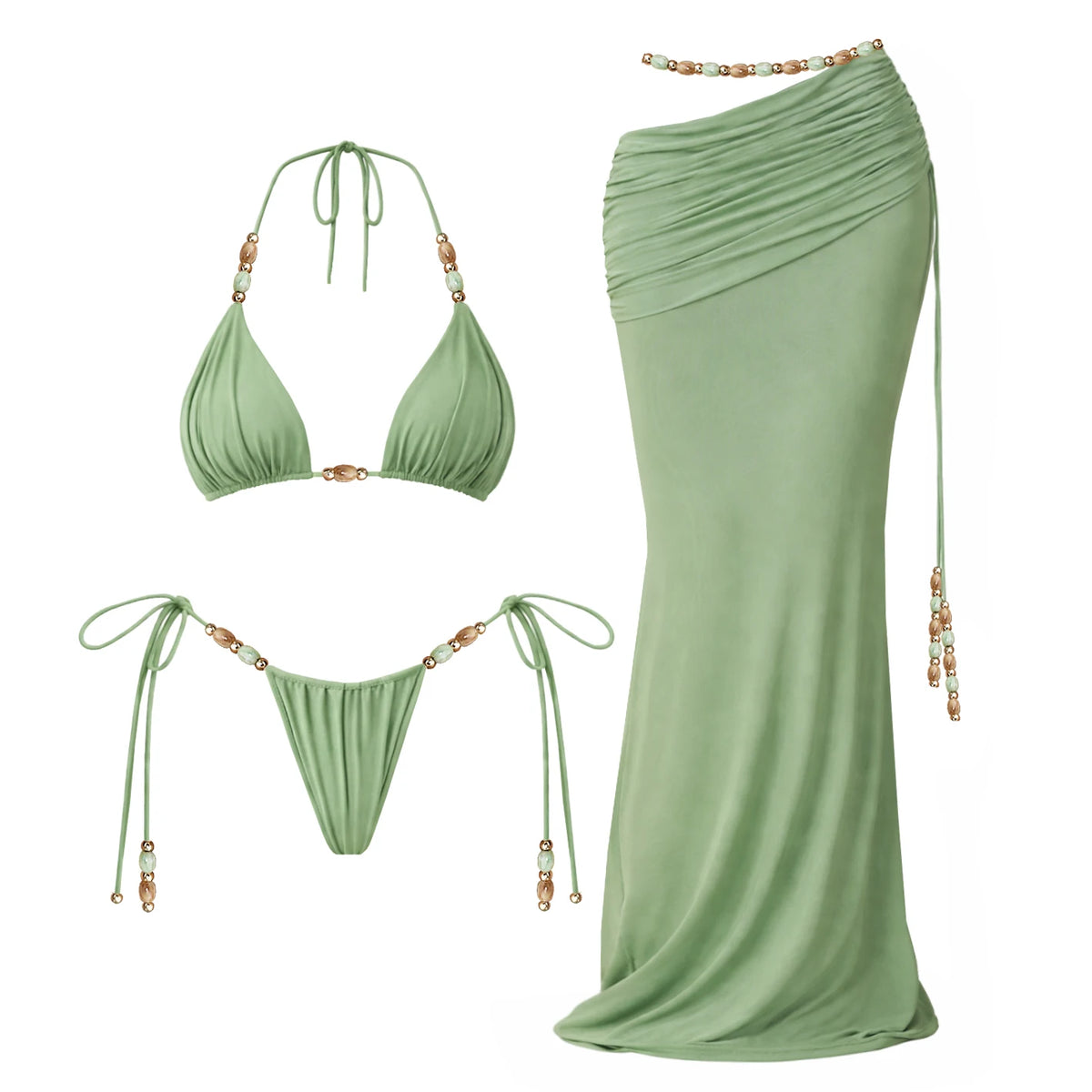 Emerald Beaded Mesh Skirt Bikini Three-piece Main image