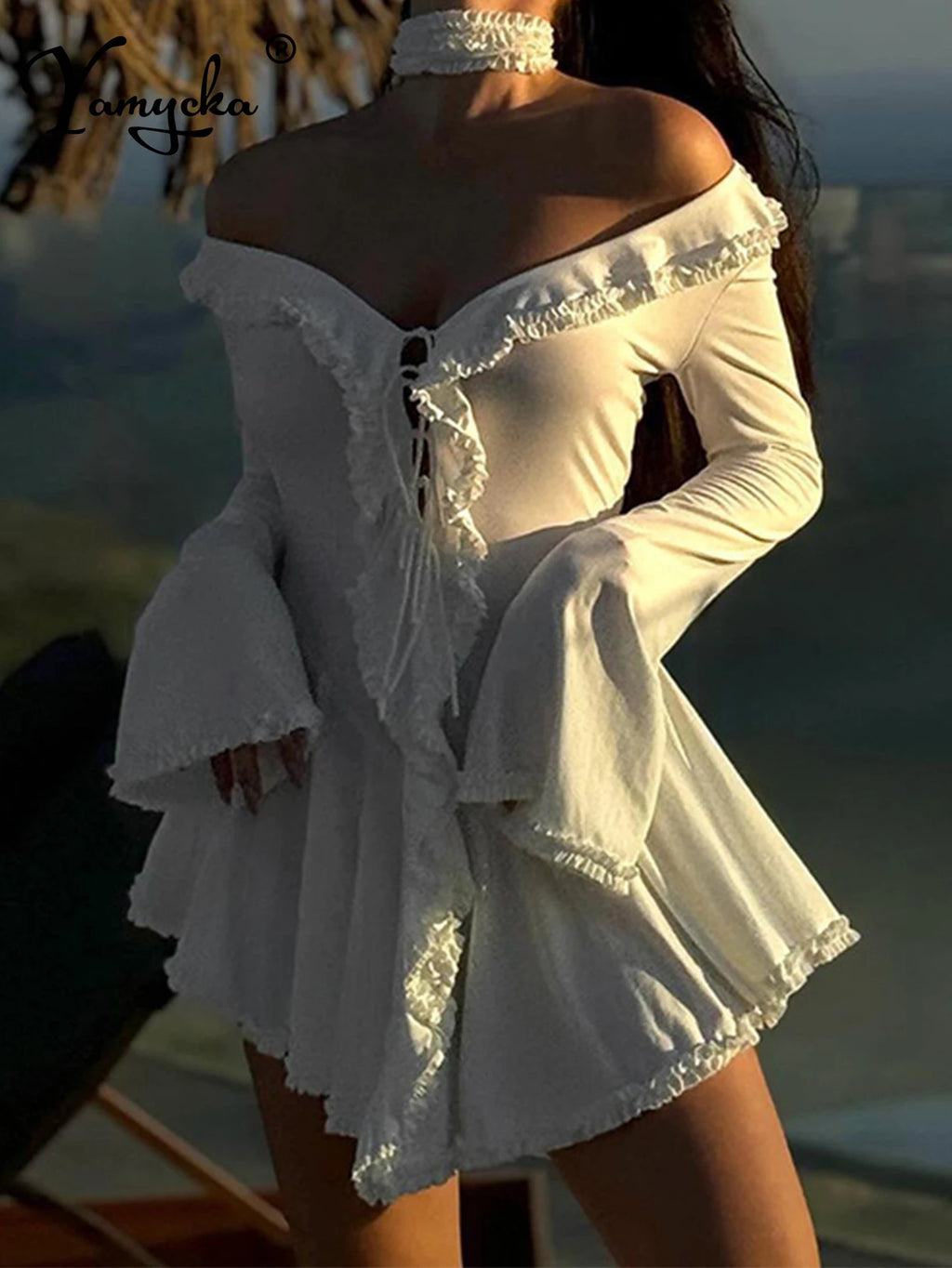 Ondine Ruffled Backless Long-Sleeve Mini Dress